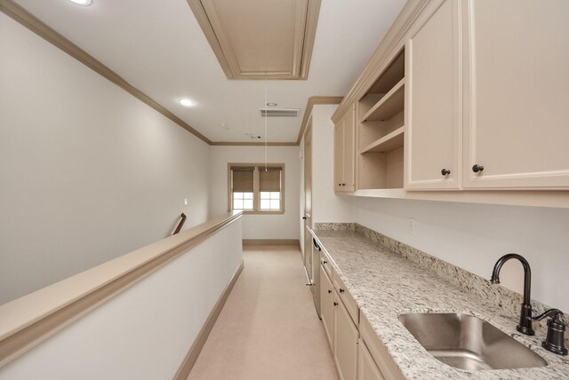 314 W Clay St, Houston, TX 77019 - kitchen with open shelves, a sink, ornamental molding, light carpet, and recessed lighting