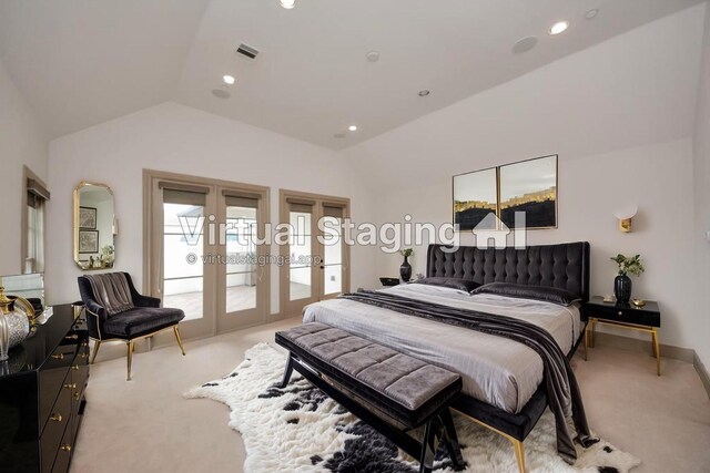 314 W Clay St, Houston, TX 77019 - bedroom featuring light carpet, lofted ceiling, french doors, access to outside, and recessed lighting