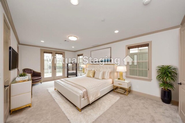 314 W Clay St, Houston, TX 77019 - bedroom with ornamental molding, access to exterior, light colored carpet, french doors, and baseboards
