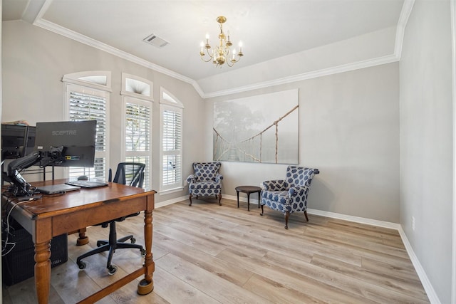 home office featuring baseboards, visible vents, an inviting chandelier, vaulted ceiling, and light wood-style floors