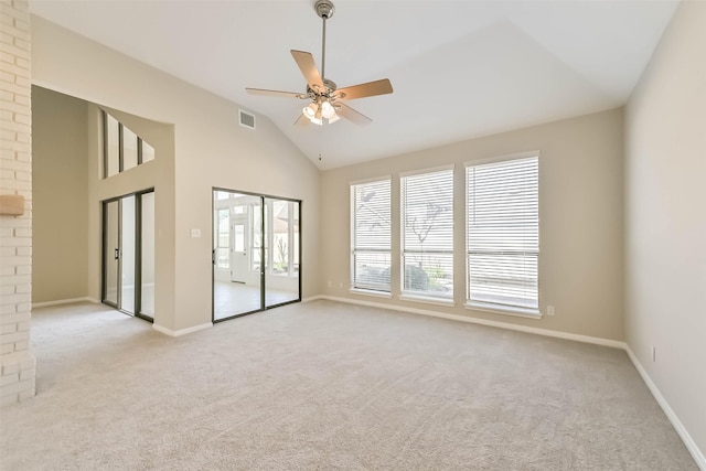 unfurnished room with light carpet, ceiling fan, visible vents, and baseboards