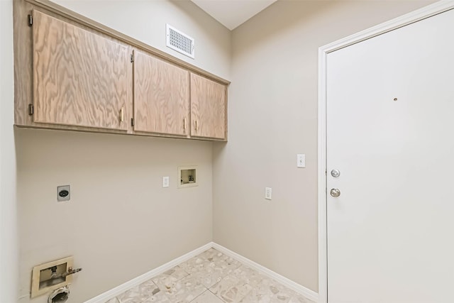 laundry area featuring hookup for a washing machine, hookup for an electric dryer, visible vents, baseboards, and cabinet space