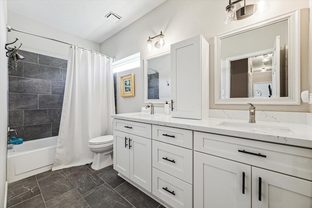 bathroom featuring double vanity, visible vents, toilet, shower / tub combo with curtain, and a sink