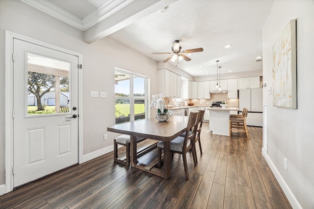 dining area with a textured ceiling, baseboards, dark wood-type flooring, and recessed lighting