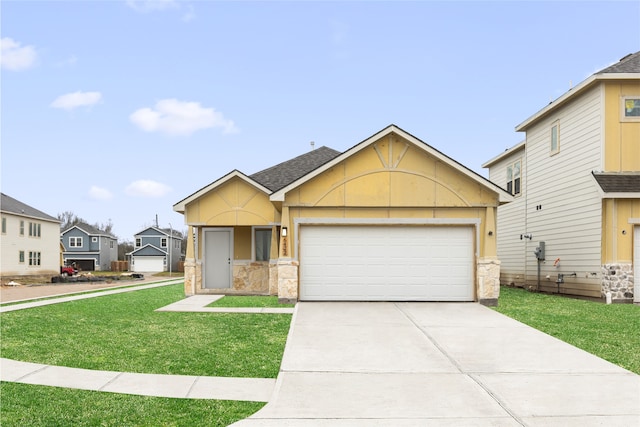 view of front of property featuring a garage, concrete driveway, a shingled roof, and a front lawn