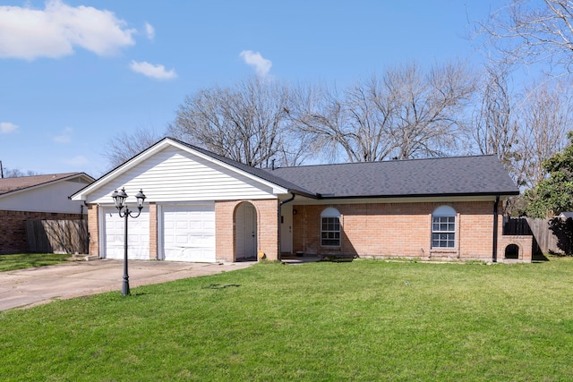 ranch-style house featuring brick siding, concrete driveway, a front yard, fence, and a garage