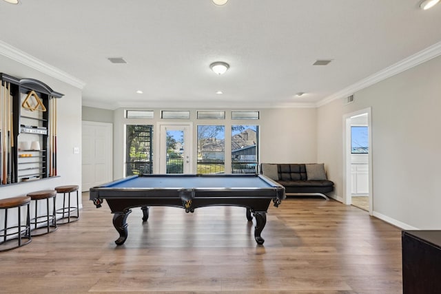 recreation room with pool table, wood finished floors, and baseboards