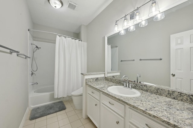 bathroom with visible vents, toilet, tile patterned flooring, shower / bath combo with shower curtain, and vanity