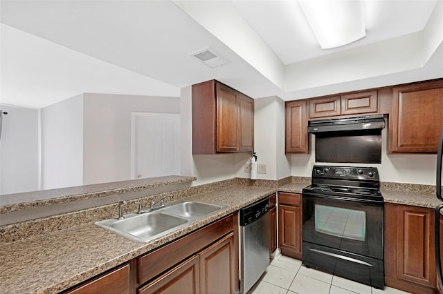 kitchen with visible vents, a sink, black range with electric cooktop, dishwasher, and under cabinet range hood