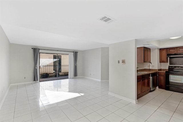 kitchen featuring light tile patterned floors, dishwasher, open floor plan, black range with electric stovetop, and under cabinet range hood