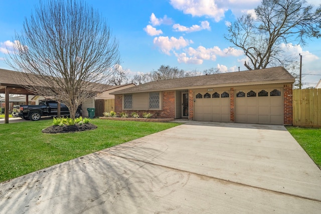 ranch-style house with a garage, driveway, brick siding, and a front lawn