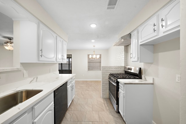 kitchen with black dishwasher, white cabinets, stainless steel range with gas stovetop, and decorative light fixtures