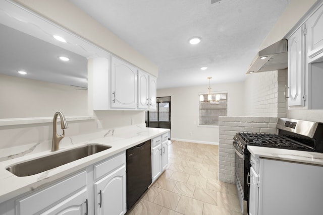 kitchen with white cabinetry, dishwasher, stainless steel gas range oven, and a sink