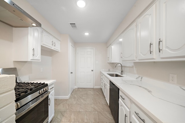 kitchen featuring white cabinets, dishwasher, wall chimney range hood, a sink, and gas stove