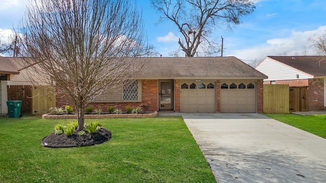 ranch-style house with brick siding, a shingled roof, concrete driveway, a front yard, and a garage