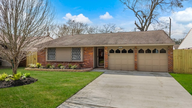 ranch-style home featuring a garage, brick siding, fence, driveway, and a front yard