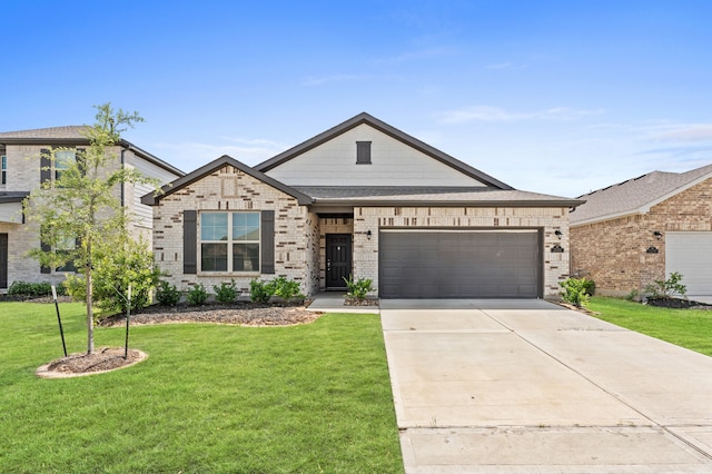 view of front of property featuring concrete driveway, brick siding, an attached garage, and a front lawn