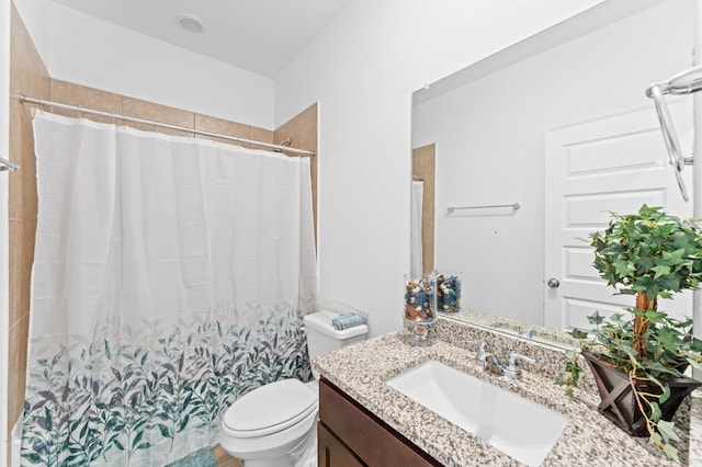 bathroom with vanity, toilet, and a shower with curtain