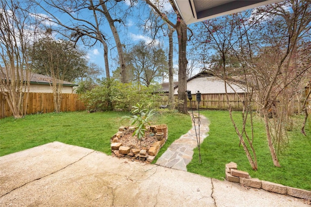 view of yard featuring a patio area and a fenced backyard