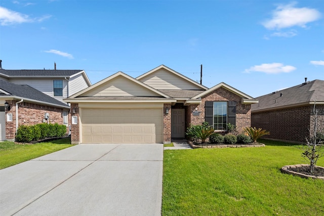 ranch-style home with a garage, brick siding, concrete driveway, and a front yard