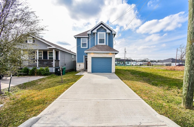 view of front of home featuring a porch, a shingled roof, a front yard, concrete driveway, and an attached garage