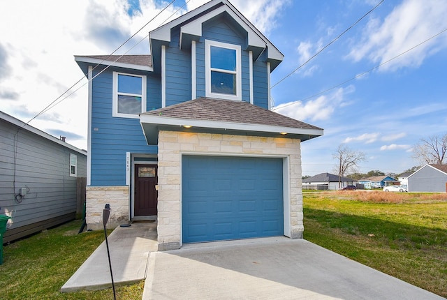 view of front of property featuring a garage, stone siding, driveway, roof with shingles, and a front lawn