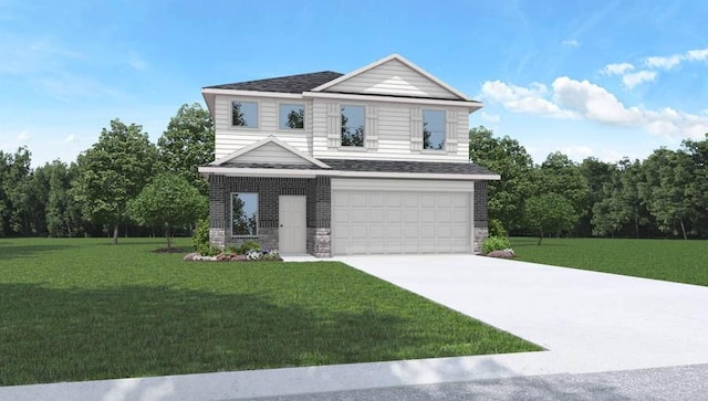 view of front facade featuring driveway, an attached garage, and a front lawn