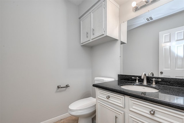 half bathroom featuring toilet, vanity, baseboards, visible vents, and tile patterned floors