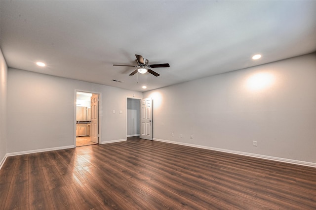 empty room with ceiling fan, recessed lighting, visible vents, baseboards, and dark wood-style floors