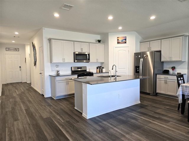 kitchen with appliances with stainless steel finishes, dark countertops, a sink, and visible vents