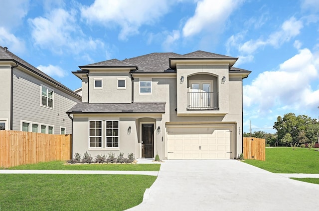 view of front of house featuring stucco siding, an attached garage, a front yard, fence, and driveway