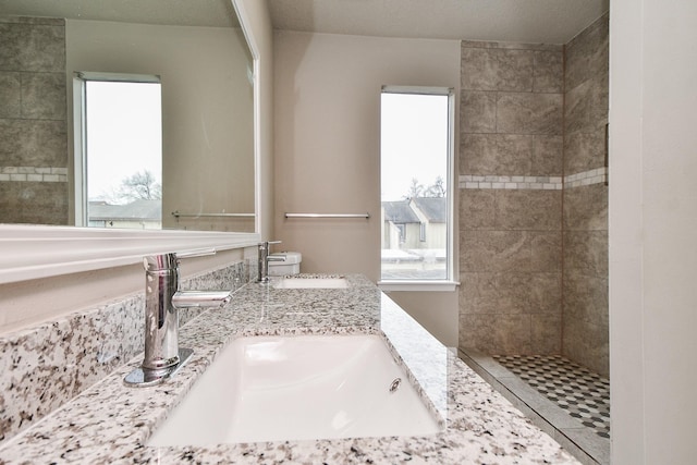 bathroom with a healthy amount of sunlight, toilet, a tile shower, and vanity