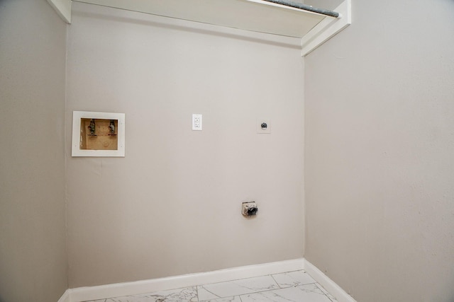 laundry room with hookup for an electric dryer, laundry area, washer hookup, baseboards, and marble finish floor