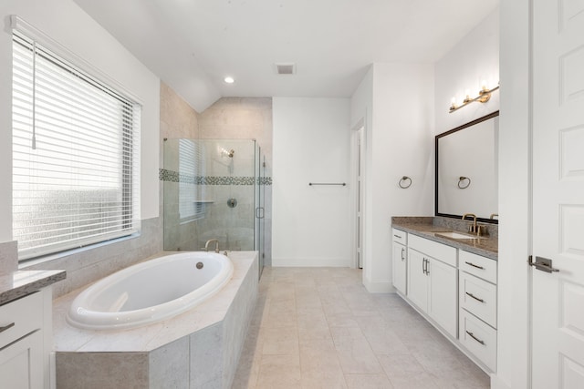 full bath with a garden tub, visible vents, vanity, tile patterned floors, and a stall shower