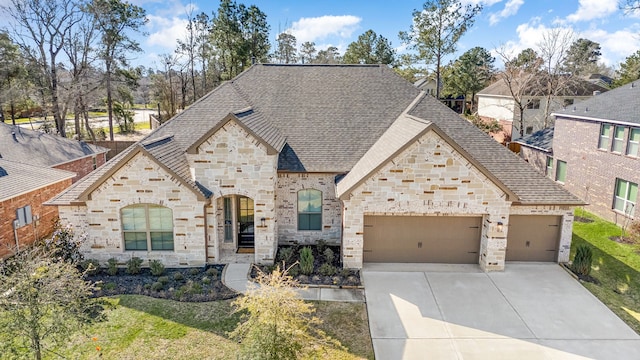 french country home with an attached garage, driveway, a shingled roof, and stone siding