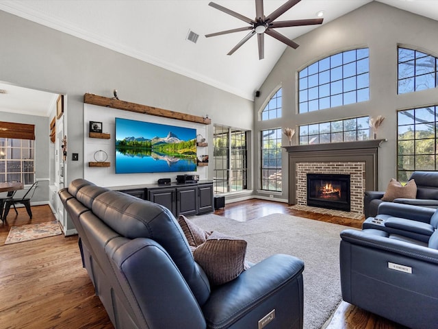 living area featuring a wealth of natural light, visible vents, and wood finished floors