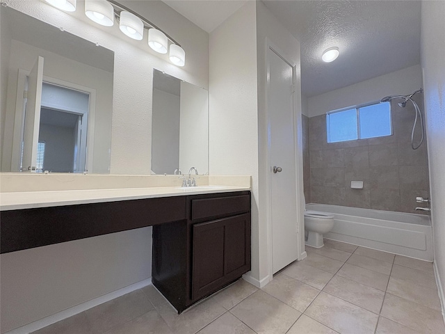 full bathroom featuring a textured ceiling, toilet, vanity, shower / bathing tub combination, and tile patterned floors