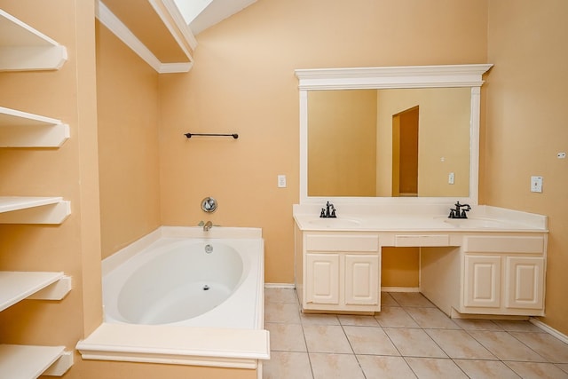 full bath featuring a bath, double vanity, a sink, and lofted ceiling