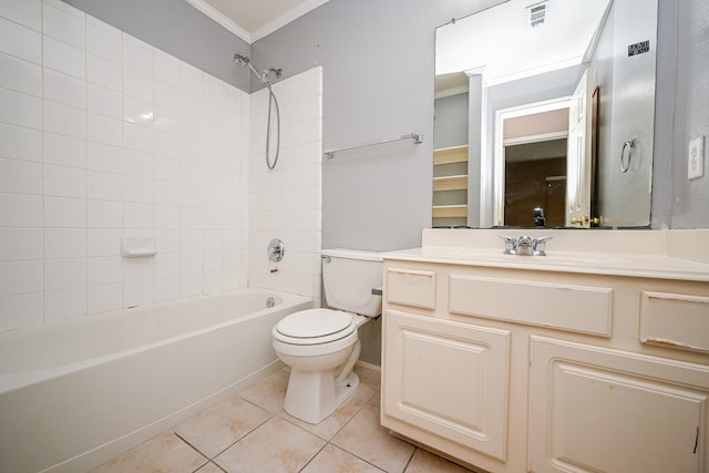 full bathroom with visible vents, toilet, ornamental molding, vanity, and tile patterned floors