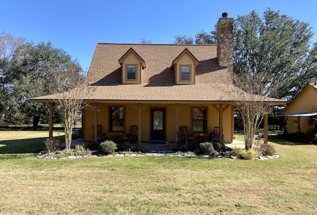 farmhouse inspired home featuring roof with shingles, a porch, a front lawn, and a chimney