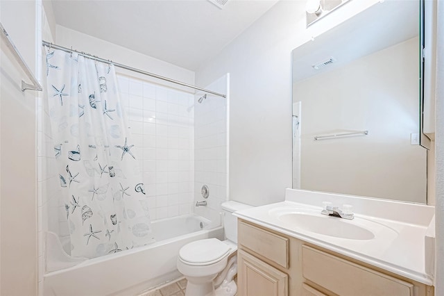 full bath with shower / bath combination with curtain, visible vents, vanity, and toilet