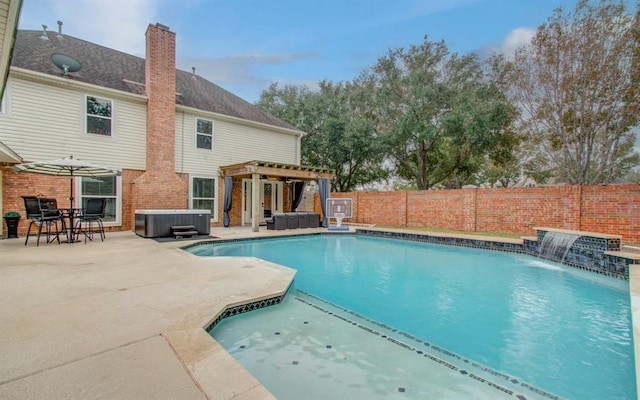 view of swimming pool with a hot tub, central AC unit, a fenced backyard, a patio area, and a pergola