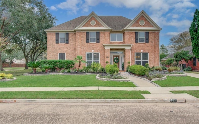 view of front of house featuring brick siding and a front yard