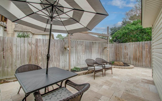 view of patio featuring a fenced backyard and outdoor dining area