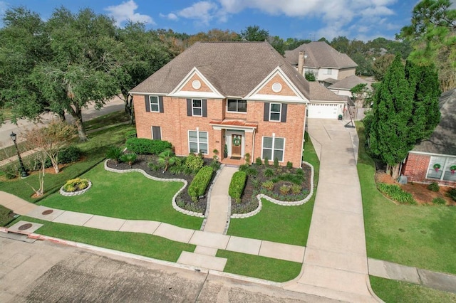 view of front of property with a shingled roof, a front yard, concrete driveway, and brick siding