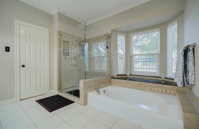 bathroom featuring a garden tub, tile patterned flooring, crown molding, and a stall shower