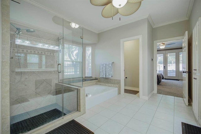 full bath with a garden tub, ornamental molding, tile patterned flooring, and a shower stall