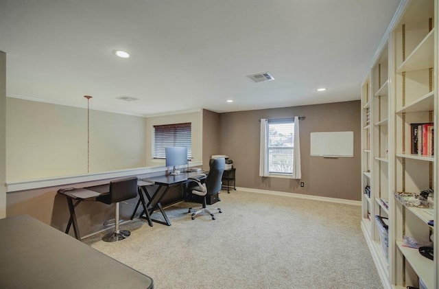 carpeted office space with recessed lighting, visible vents, and baseboards