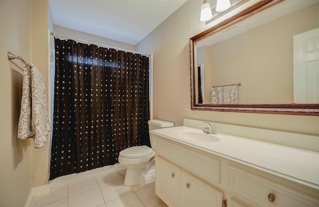 full bathroom featuring toilet, curtained shower, tile patterned flooring, and vanity