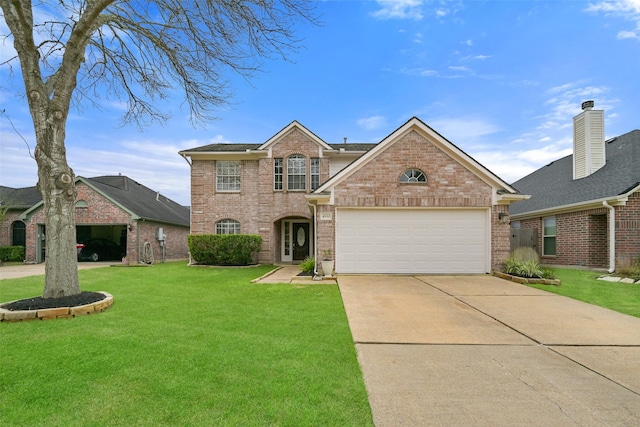 traditional-style house featuring concrete driveway, a front lawn, an attached garage, and brick siding